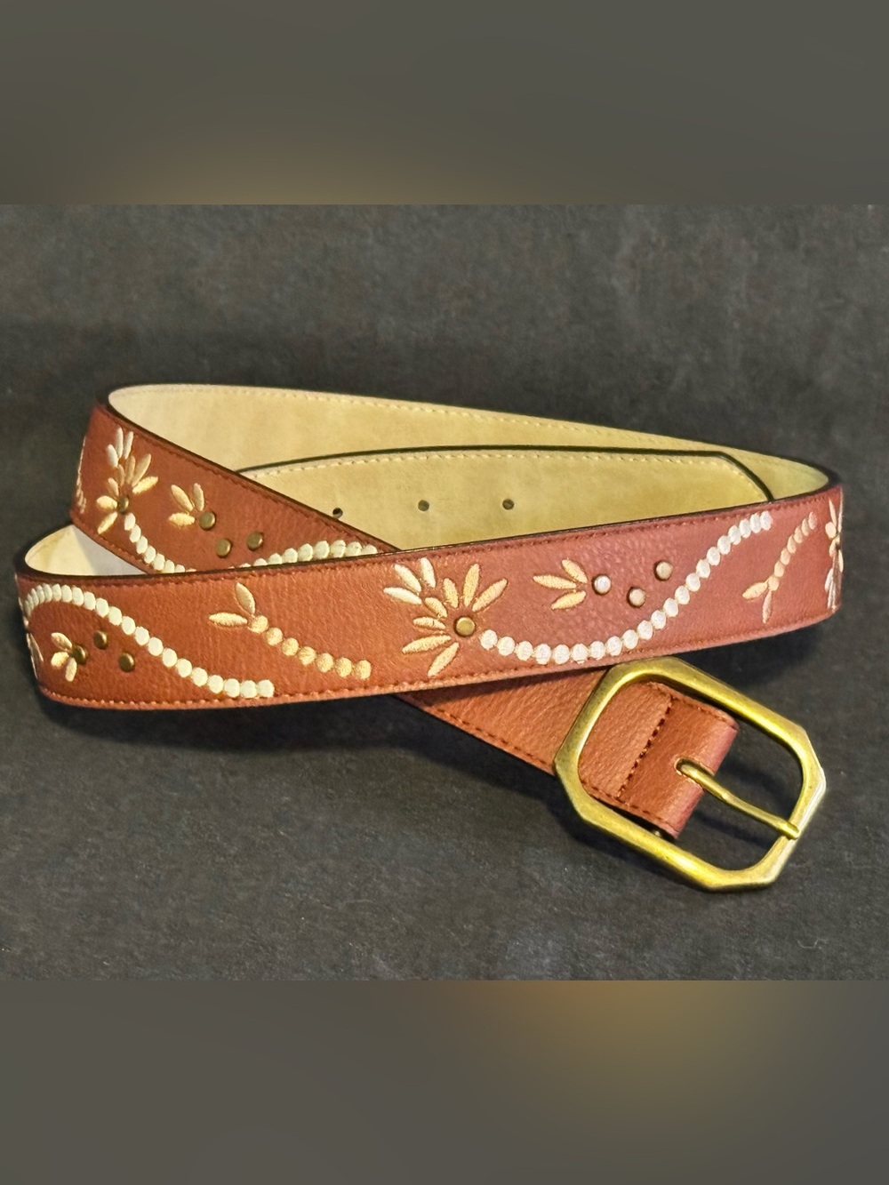 Fun Embroidered Women’s Casual 1” Belt with Gold Tone Buckle Size XL